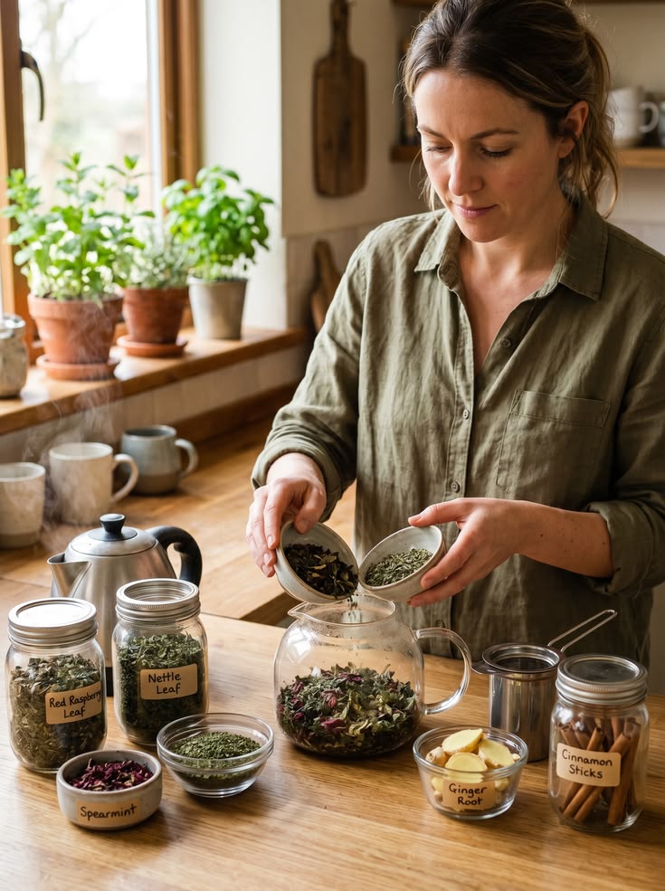 Illustration of herbal garden tea preparation with botanical elements