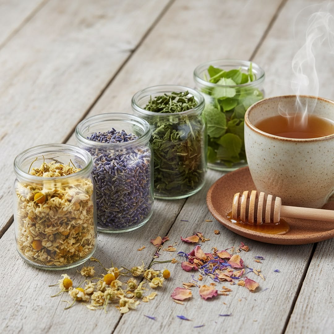 Illustration of herbal tea recipe ingredients on a wooden surface